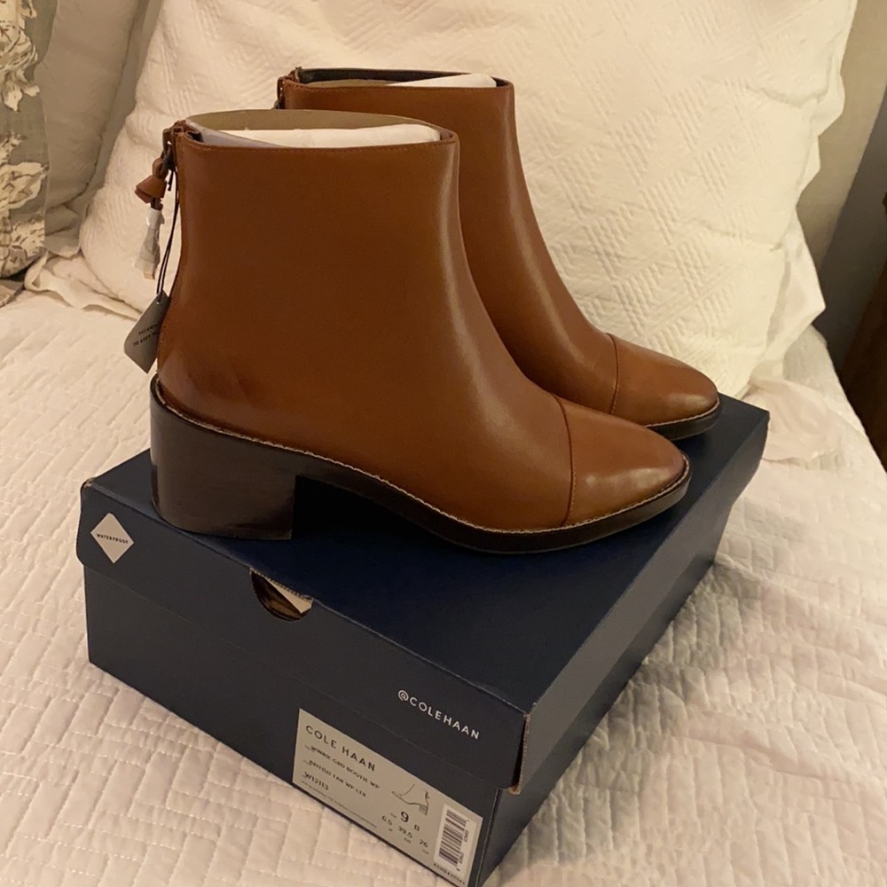 NWT Cole Haan Waterproof Leather Booties, British Tan, Size 9